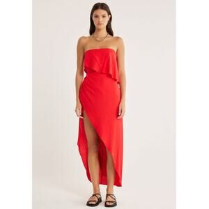 NEW Rumer The Label Revolve Cascade Linen Blend Strapless Midi Dress Red